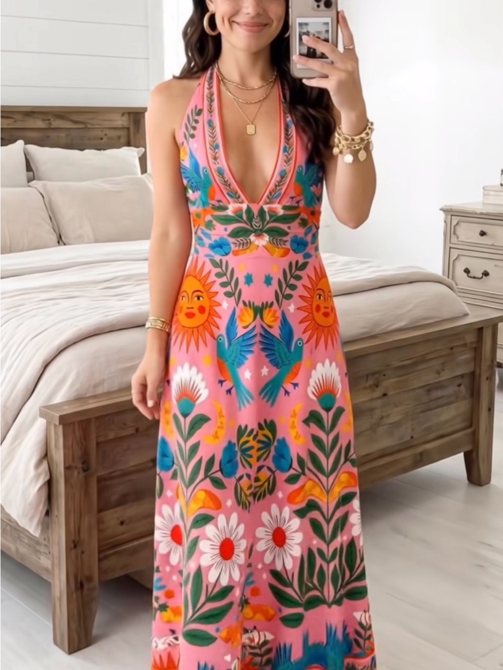 Vibrant Pink Halter Floral & Bird Maxi Dress L